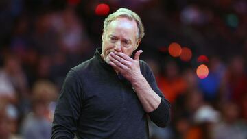 Apr 9, 2025; Phoenix, Arizona, USA; Phoenix Suns head coach Mike Budenholzer reacts during the second half against the Oklahoma City Thunder at Footprint Center. Mandatory Credit: Mark J. Rebilas-Imagn Images