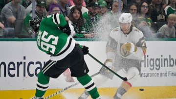 May 5, 2024; Dallas, Texas, USA; Vegas Golden Knights center William Karlsson (71) reacts to getting hit by the snow from the ice of Dallas Stars center Matt Duchene (95) skates during the first period in game seven of the first round of the 2024 Stanley Cup Playoffs at American Airlines Center. Mandatory Credit: Jerome Miron-USA TODAY Sports
