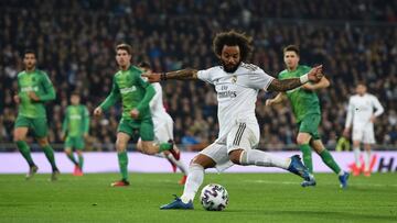 MADRID, SPAIN - FEBRUARY 06: Marcelo of Real Madrid scores his team's opening goal during the Copa del Rey Quarter Final at Estadio Santiago Bernabeu on February 06, 2020 in Madrid, Spain. (Photo by Denis Doyle/Getty Images)