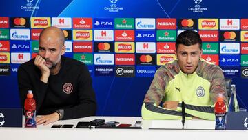 Pep Guardiola y Rodri Hernández, entrenador y jugador del Manchester City, comparecen en la rueda de prensa previa al partido frente al RB Leipzig.