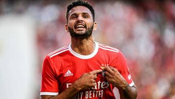 Benfica's Portuguese forward Goncalo Ramos celebrates after scoring during the UEFA Champions League third qualifying round  first leg football match between SL Benfica and FC Midtjylland at Luz stadium in Lisbon on August 2, 2022. (Photo by PATRICIA DE MELO MOREIRA / AFP) (Photo by PATRICIA DE MELO MOREIRA/AFP via Getty Images)