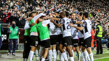 Maxi Gomez of Valencia celebrates a goal with teammates during the Santander League match between Valencia CF and Granada CF at the Mestalla Stadium on March 5, 2022, in Valencia, Spain.
AFP7
05/03/2022 ONLY FOR USE IN SPAIN