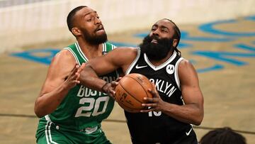 May 22, 2021; Brooklyn, New York, USA; Brooklyn Nets guard James Harden (13) drives to the basket on Boston Celtics forward Jabari Parker (20) lduring the third quarter of game one in the first round of the 2021 NBA Playoffs. at Barclays Center. Mandatory Credit: Dennis Schneidler-USA TODAY Sports