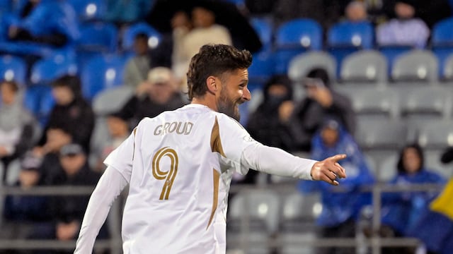May 24, 2025; Montreal, Province of Quebec, CAN; LAFC forward Olivier Giroud (9) celebrates after scoring a goal against CF Montreal during the second half at Saputo Stadium. Mandatory Credit: Eric Bolte-Imagn Images
