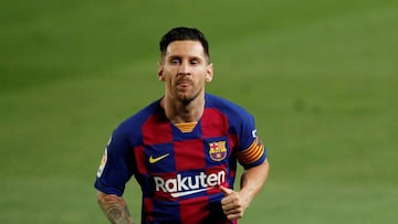 Soccer Football - La Liga Santander - FC Barcelona v Espanyol - Camp Nou, Barcelona, Spain - July 8, 2020   Barcelona&#039;s Lionel Messi, as play resumes behind closed doors following the outbreak of the coronavirus disease (COVID-19)   REUTERS/Albert Gea