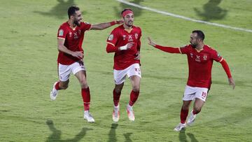Soccer Football - African Champions League - Quarter Final First Leg - Al Ahly v Mamelodi Sundowns - Al Salam Stadium, Cairo, Egypt - May 15, 2021 Al Ahly's Taher Mohamed celebrates scoring their first goal with teammates REUTERS/Amr Abdallah Dalsh