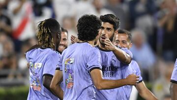 Marco Asensio celebrates with teammate Jesus Vallejo after a goal against Juventus.