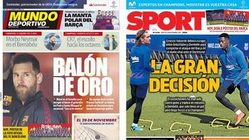 Portadas de Mundo Deportivo y Sport del 26 de noviembre de 2019 con Leo Messi como gran favorito al Bal&oacute;n de Oro y la lucha de Griezmann y Dembel&eacute; por entrar en el once del Bar&ccedil;a ante el Borussia Dortmund en la Champions League.