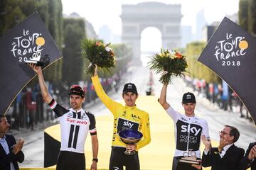 El podio del Tour de Francia del 2018 quedó con Geraint Thomas  vencedor, Tom Dumoulin segundo y Christopher Froome tercero.