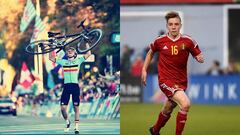 Remco Evenepoel tras proclamarse campe&oacute;n del mundo junior en ruta en los Mundiales de Innsbruck y durante un partido con las categor&iacute;as inferiores de la selecci&oacute;n de f&uacute;tbol de B&eacute;lgica.