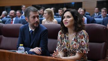 El consejero de Presidencia, Justicia y Administraci¨®n Local, Miguel ?ngel Garc¨ªa, y la presidenta de la Comunidad de Madrid y del PP de Madrid, Isabel D¨ªaz Ayuso, durante una sesi¨®n plenaria en la Asamblea de Madrid, a 13 de julio de 2023, en Madrid (Espa?a). Durante el Pleno, se eligen a los senadores por designaci¨®n auton¨®mica y a la Diputaci¨®n Permanente de la XIII Legislatura, antes de cerrar sus puertas durante el verano. Antes de comenzar el pleno, la c¨¢mara celebra un minuto de silencio por los asesinatos machistas de las ¨²ltimas semanas.
13 JULIO 2023;MADRID;ASAMBLEA DE MADRID;DESIGNACI?N ECON?MICA
Fernando S¨¢nchez / Europa Press
13/07/2023