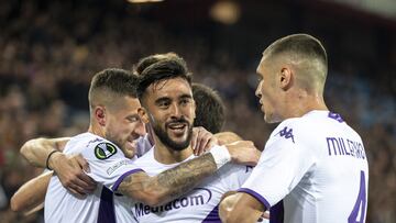 Basel (Switzerland Schweiz Suisse), 18/05/2023.- Fiorentina's Nicolas Gonzalez, center, cheers after scoring during the UEFA Conference League semifinal second leg match between Switzerland's FC Basel 1893 and Italy's ACF Fiorentina at the St. Jakob-Park stadium in Basel, Switzerland,18 May 2023. (Italia, Suiza, Basilea) EFE/EPA/GEORGIOS KEFALAS
