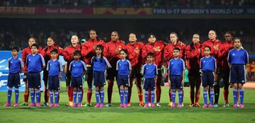 NAVI MUMBAI, INDIA - OCTOBER 30: Colombia line up against Spain ahead of the FIFA U-17 Women's World Cup 2022 Final between Colombia and Spain at DY Patil Stadium on October 30, 2022 in Navi Mumbai, India. (Photo by Matthew Lewis - FIFA/FIFA via Getty Images)