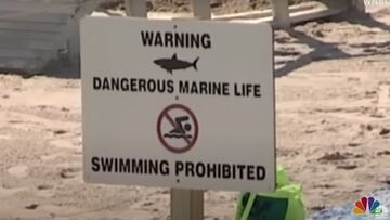 Un cartel advierte del peligro en el agua por tiburones, por lo cual prohibe nadar en la playa, en Long Island (Nueva York, Estados Unidos).