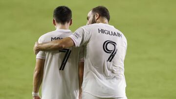 FORT LAUDERDALE, FLORIDA - OCTOBER 03: Lewis Morgan #7 of Inter Miami CF celebrates with Gonzalo Higuain #9 after scoring a goal in the 27' against New York City FC at Inter Miami CF Stadium on October 03, 2020 in Fort Lauderdale, Florida. (Photo by Michael Reaves/Getty Images)