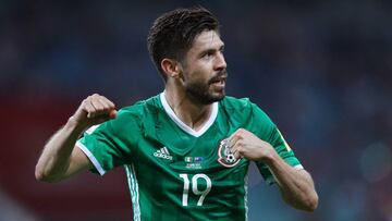 SOCHI, RUSSIA - JUNE 21: Oribe Peralta of Mexico celebrates scoring his sides second goal during the FIFA Confederations Cup Russia 2017 Group A match between Mexico and New Zealand at Fisht Olympic Stadium on June 21, 2017 in Sochi, Russia.  (Photo by Bu