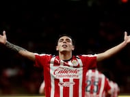 Guadalajara's forward #26 Hugo Camberos celebrates scoring his team's fifth goal during the Liga MX Clausura football match between Guadalajara and Leon at the Akron Stadium in Guadalajara, Mexico, on March 18, 2026. (Photo by Ulises Ruiz / AFP)