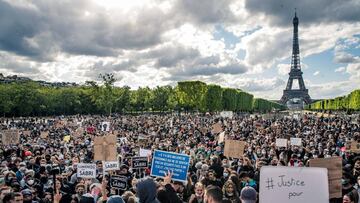Unauthorized Black Lives Matter demonstration against police brutality and in support of Adama Traoré and George Floyd on the Champ-de-Mars in Paris, France, on June 6, 2020.