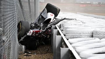 Alfa Romeo Chinese driver Zhou Guanyu is seen in the crash barriers during an incident at the star during the Formula One British Grand Prix at the Silverstone motor racing circuit in Silverstone, central England on July 3, 2022. (Photo by Ben Stansall / AFP) (Photo by BEN STANSALL/AFP via Getty Images)