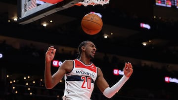 ATLANTA, GEORGIA - OCTOBER 28: Alexandre Sarr #20 of the Washington Wizards dunks against the Atlanta Hawks during the first quarter at State Farm Arena on October 28, 2024 in Atlanta, Georgia. NOTE TO USER: User expressly acknowledges and agrees that, by downloading and/or using this photograph, user is consenting to the terms and conditions of the Getty Images License Agreement. Kevin C. Cox/Getty Images/AFP (Photo by Kevin C. Cox / GETTY IMAGES NORTH AMERICA / Getty Images via AFP)