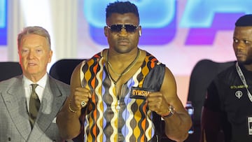 Cameroonian-French boxer Francis Ngannou poses after a press conference ahead of his boxing fight against British boxer Anthony Joshua at the Kingdom Arena in Riyadh on March 6, 2024. (Photo by Fayez Nureldine / AFP)