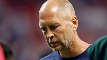 USA's coach Gregg Berhalter looks down following his team's defeat in the Conmebol 2024 Copa America tournament group C football match between Panama and USA at Mercedes Benz Stadium in Atlanta, Georgia, on June 27, 2024. (Photo by EDUARDO MUNOZ / AFP)