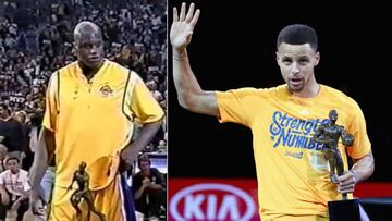 Shaquille O'Neal, el último pívot en ganar el MVP (2000), y Stephen Curry.