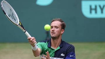 17 June 2022, North Rhine-Westphalia, Halle: Tennis: ATP Tour singles, men, quarterfinals, Medvedev (Russia) - Bautista Agut (Spain). Daniil Medvedev plays a forehand. Photo: Friso Gentsch/dpa (Photo by Friso Gentsch/picture alliance via Getty Images)