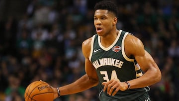 BOSTON, MA - DECEMBER 4: Giannis Antetokounmpo #34 of the Milwaukee Bucks dribbles against the Boston Celtics during the first quarter at TD Garden on December 4, 2017 in Boston, Massachusetts.   Maddie Meyer/Getty Images/AFP
 == FOR NEWSPAPERS, INTERNET, TELCOS &amp; TELEVISION USE ONLY ==