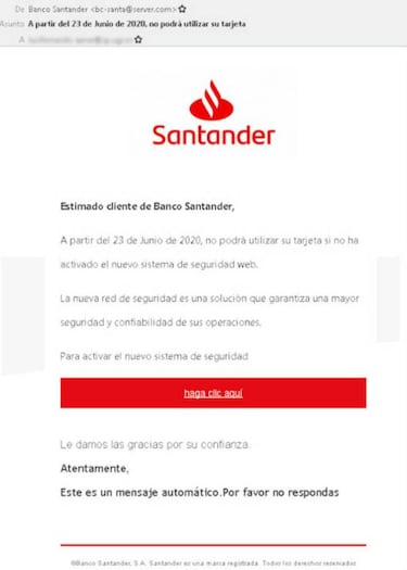 El falso email de Santander: No te van a cancelar la tarjeta