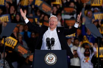 Democractic Vice-Presidential candidate Tim Walz during a campaign rally and concert for Democratic presidential nominee U.S. Vice President Kamala Harris in Ann Arbor, Michigan, U.S. October 28, 2024.