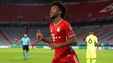 MUNICH, GERMANY - OCTOBER 21: Kingsley Coman of Bayern Munich celebrates after scoring his team's fourth goal during the UEFA Champions League Group A stage match between FC Bayern Muenchen and Atletico Madrid at Allianz Arena on October 21, 2020 in