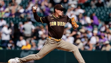 Apr 23, 2026; Denver, Colorado, USA; San Diego Padres relief pitcher Ron Marinaccio (97) pitches in the seventh inning against the Colorado Rockies at Coors Field. Mandatory Credit: Isaiah J. Downing-Imagn Images