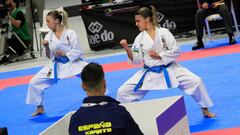 El equipo femenino espa&ntilde;ol compite en la modalidad de kata por equipos del mundial de k&aacute;rate, esta ma&ntilde;ana en el Wizink Center de Madrid.