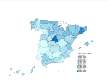 Mapa de la renta bruta media en España por Comunidades Autónomas. Fuente: Agencia Tributaria.