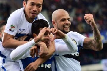 Jeison Murillo abrió el marcador para el Inter en el ampate a tres goles con el Hellas Verona. 