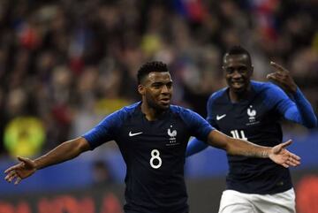 France's midfielder Thomas Lemar celebrates after scoring in the friendly against Colombia at the Stade de France.