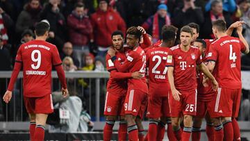 Soccer Football - Bundesliga - Bayern Munich v VfB Stuttgart - Allianz Arena, Munich, Germany - January 27, 2019  Bayern Munich&#039;s Serge Gnabry celebrates scoring their second goal with team mates        REUTERS/Andreas Gebert  DFL regulations prohibi