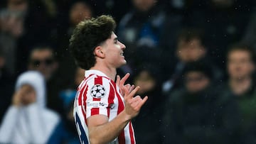 Julián Alvarez celebra su gol al Brujas en la ida.