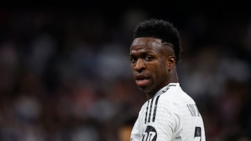 Soccer Football - Champions League - Quarter Final - Second Leg - Real Madrid v Arsenal - Santiago Bernabeu, Madrid, Spain - April 16, 2025 Real Madrid's Vinicius Junior reacts REUTERS/Juan Medina