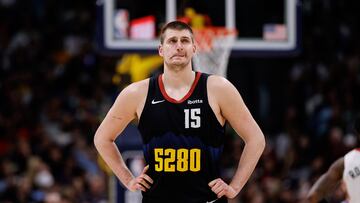 Feb 29, 2024; Denver, Colorado, USA; Denver Nuggets center Nikola Jokic (15) in the second quarter against the Miami Heat at Ball Arena. Mandatory Credit: Isaiah J. Downing-USA TODAY Sports