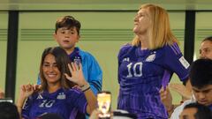 Argentina's forward #10 Lionel Messi's wife Antonela Roccuzzo, one of their sons, and his mother Celia Maria Cuccittini (R) celebrate after the team qualified to the next round after defeating Australia 2-1 in the Qatar 2022 World Cup round of 16 football match between Argentina and Australia at the Ahmad Bin Ali Stadium in Al-Rayyan, west of Doha on December 3, 2022. (Photo by Odd ANDERSEN / AFP)