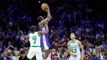 James Harden #1 of the Philadelphia 76ers shoots the ball against Jaylen Brown #7 and Malcolm Brogdon #13 of the Boston Celtics during the second quarter in game four of the Eastern Conference Second Round Playoffs at Wells Fargo Center on May 07, 2023 in Philadelphia, Pennsylvania.