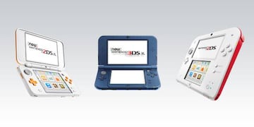 New Nintendo 2DS XL (izquierda), New Nintendo 3DS XL (centro), Nintendo 2DS (derecha)