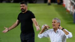 Gattuso y Setién, en el duelo de Champions entre el Nápoles y el Barcelona.