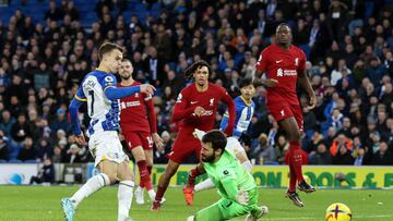 BRIGHTON, ENGLAND - JANUARY 14: Solly March of Brighton & Hove Albion scores their 1st goal during the Premier League match between Brighton & Hove Albion and Liverpool FC at American Express Community Stadium on January 14, 2023 in Brighton, United Kingdom. (Photo by Charlotte Wilson/Offside/Offside via Getty Images)