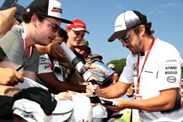 Fernando Alonso firma autógrafos durante el Gran Premio de Austria.