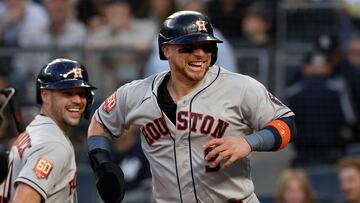 NEW YORK, NEW YORK - OCTOBER 22: Christian Vazquez #9 of the Houston Astros celebrates the home run against the New York Yankees by teammate Chas McCormick #20 during the second inning in game three of the American League Championship Series at Yankee Stadium on October 22, 2022 in New York City. Jamie Squire/Getty Images/AFP