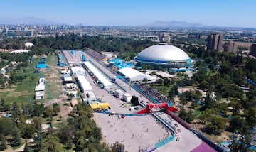 Automovilismo, Formula E.
Vista aérea de la Formula E en Parque O'higgins de Santiago, Chile.
