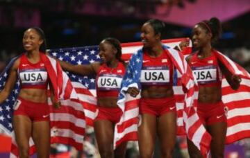 El equipo de EE.UU. compuesto por Carmelita Jeter, Bianca Knight, Allyson Felix y Tianna Madison logr¨® dos r¨¦cords mundiales. Ambos en 2012 y en modalidades parecidas: los 4x100 con un tiempo de 40,82 y los 4x400 con un tiempo de 3:16:87. Tan solo han sido superadas por el equipo de la URSS en 1988, que habr¨ªan recorrido los 4x400 un segundo por debajo de las estadounidenses.